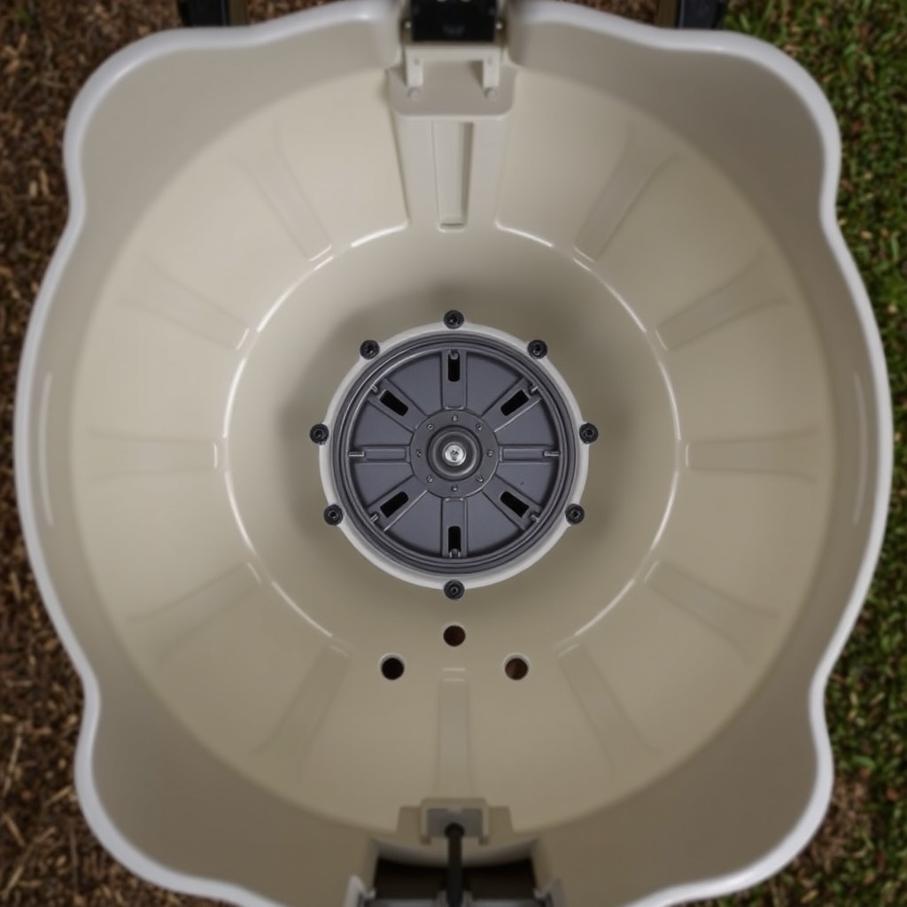 A photorealistic top-down view of the Moultrie 30-Gallon Pro Hunter feeder's hopper interi