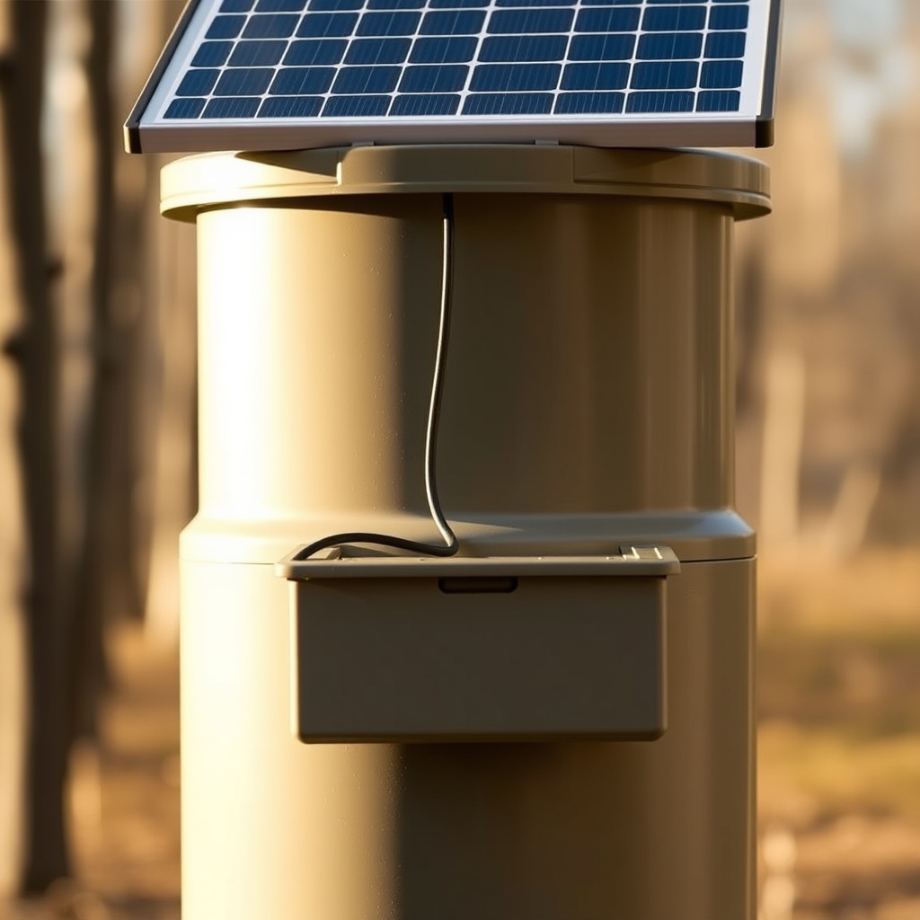 Close-up photo of the BuckGuide 300lb Spin-Cast Feeder's solar panel mounted on top of the