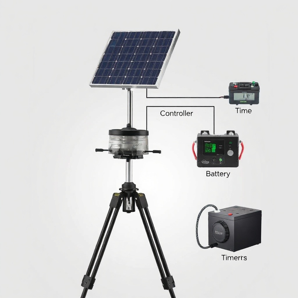 Photorealistic illustration showing a BuckGuide 300lb Spin-Cast Feeder on a steel tripod