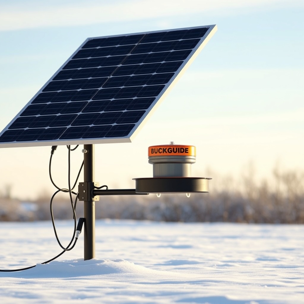 <clean photorealistic photo/illustration of BuckGuide 300lb Spin-Cast Feeder's solar panel
