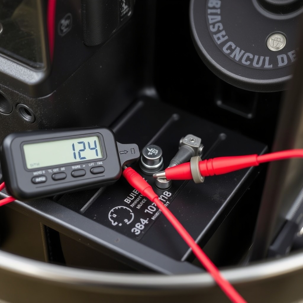 A close-up photo of a BuckGuide 300lb Spin-Cast Feeder's battery compartment with a digita