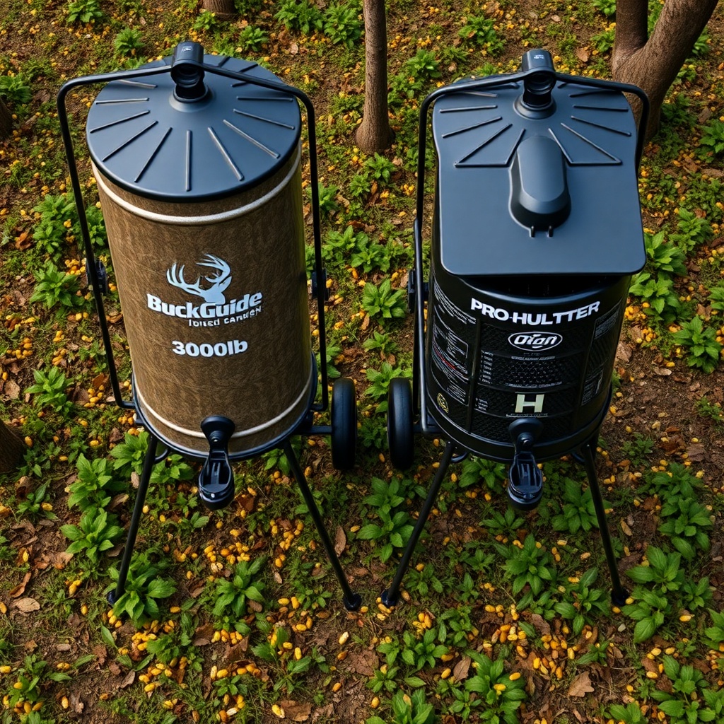 A photorealistic overhead view of two large deer feeders standing side by side on a green