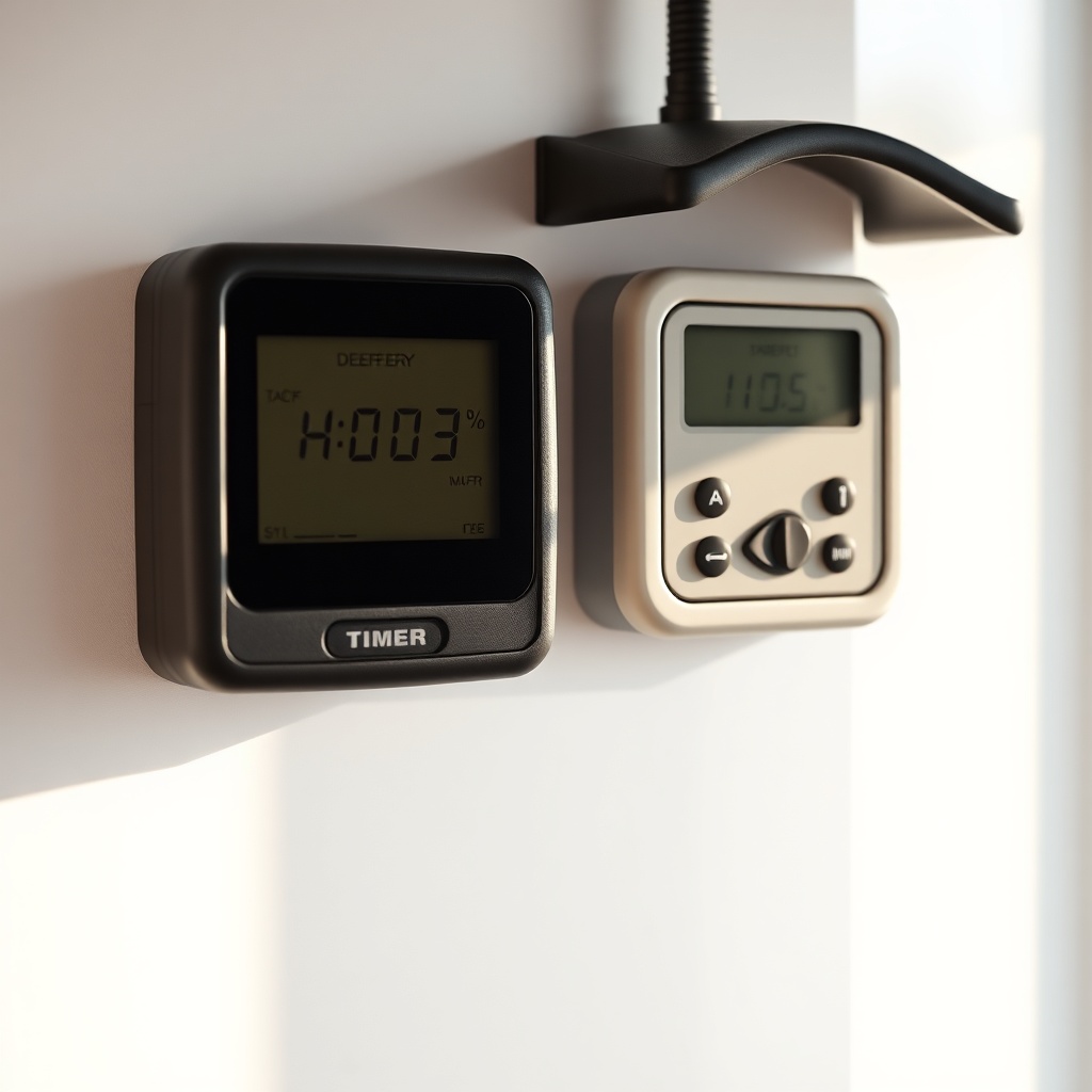 A close-up photorealistic shot of two deer feeder timer panels side by side