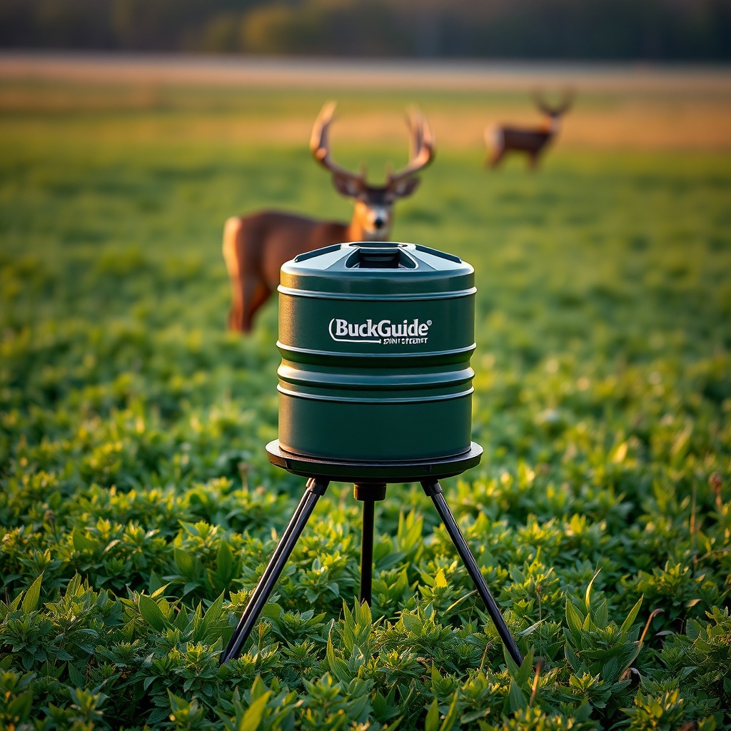 A photorealistic wide-angle shot of a BuckGuide 300lb Spin-Cast Feeder sitting in a lush g