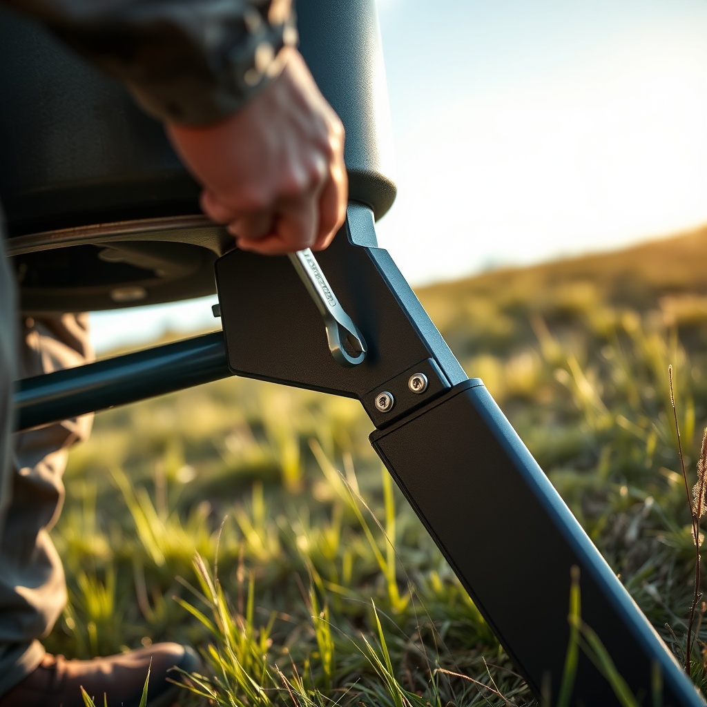 A photorealistic close-up of a hunter assembling the BuckGuide 300lb Spin-Cast Feeder's le