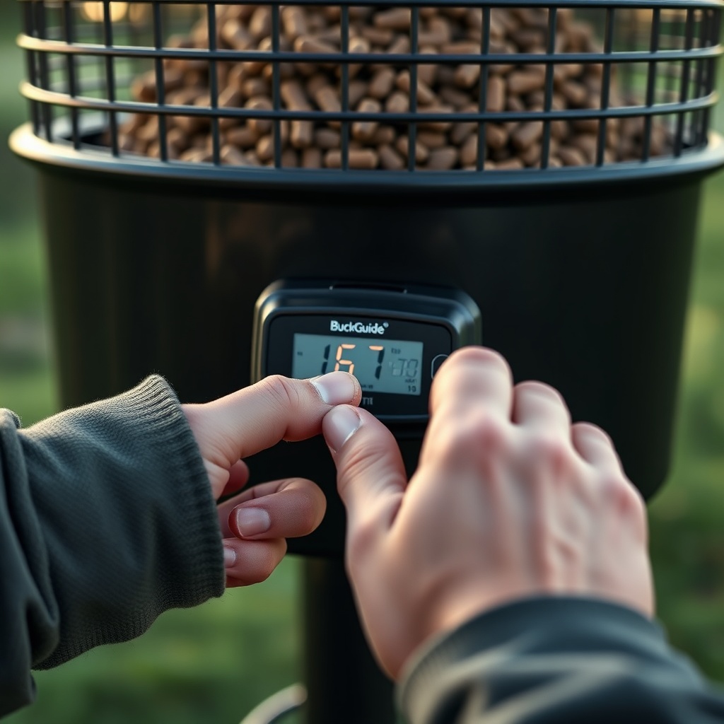 A clean photorealistic photo of a user's hand pressing the SET button on a BuckGuide 300lb