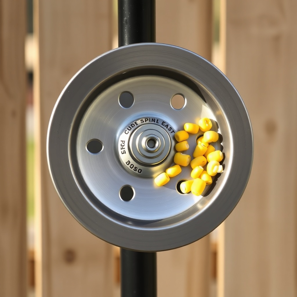 A photorealistic close-up photo of a BuckGuide 300lb Spin-Cast Feeder's spinner plate and