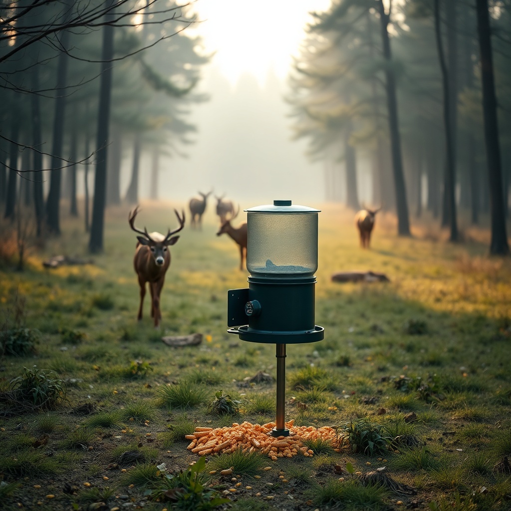 A photorealistic photo of a BuckGuide 300lb Spin-Cast Feeder in a wooded clearing during e