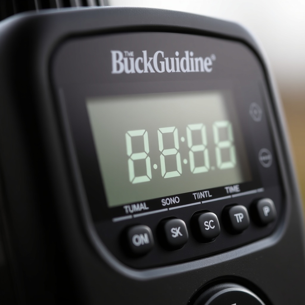 A photorealistic close-up of a BuckGuide 300lb timer digital display during programming