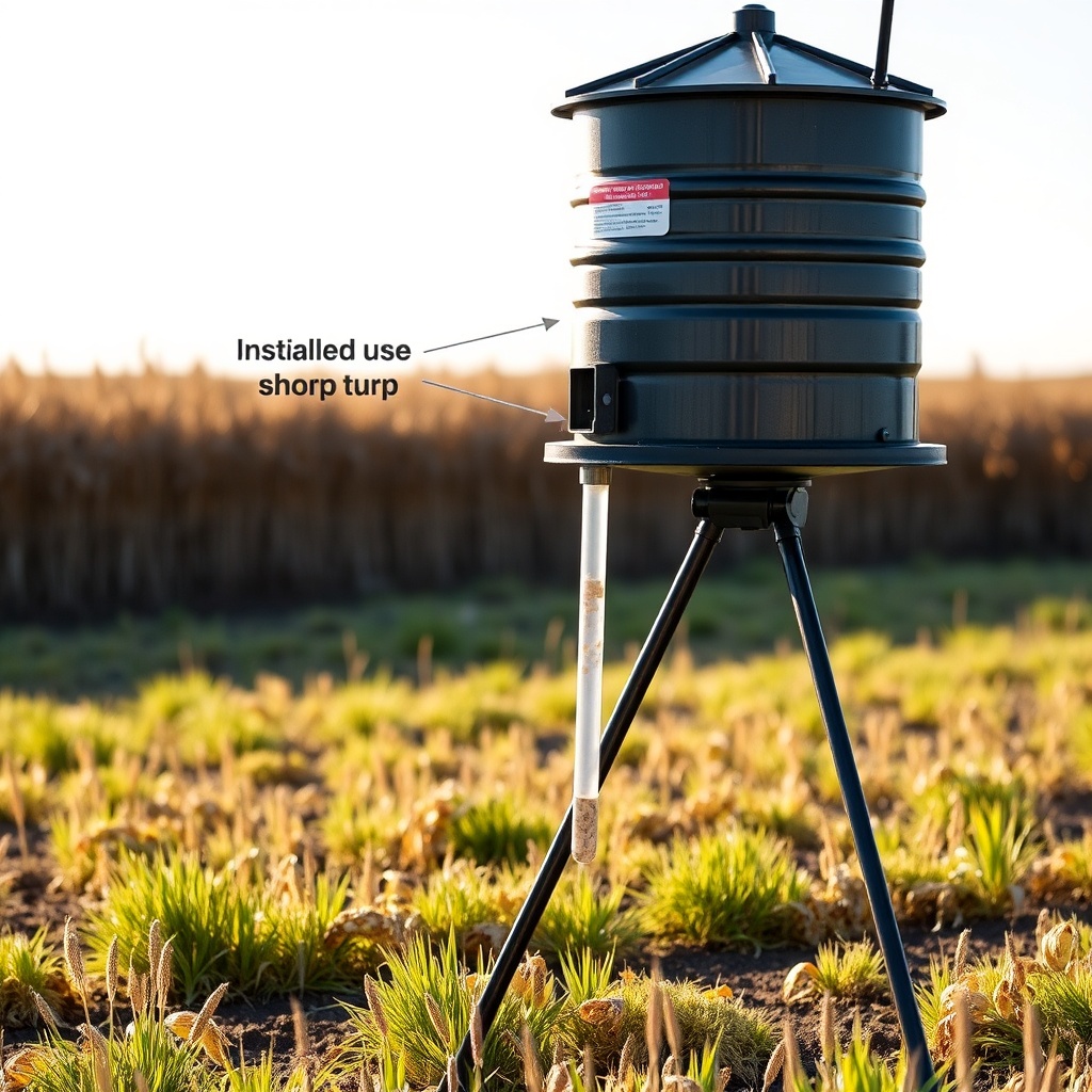 A photorealistic photo of a deer feeder installed in a field