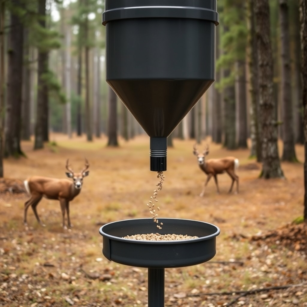 <clean photorealistic photo/illustration of a BuckGuide 300lb Spin-Cast Feeder hopper conv