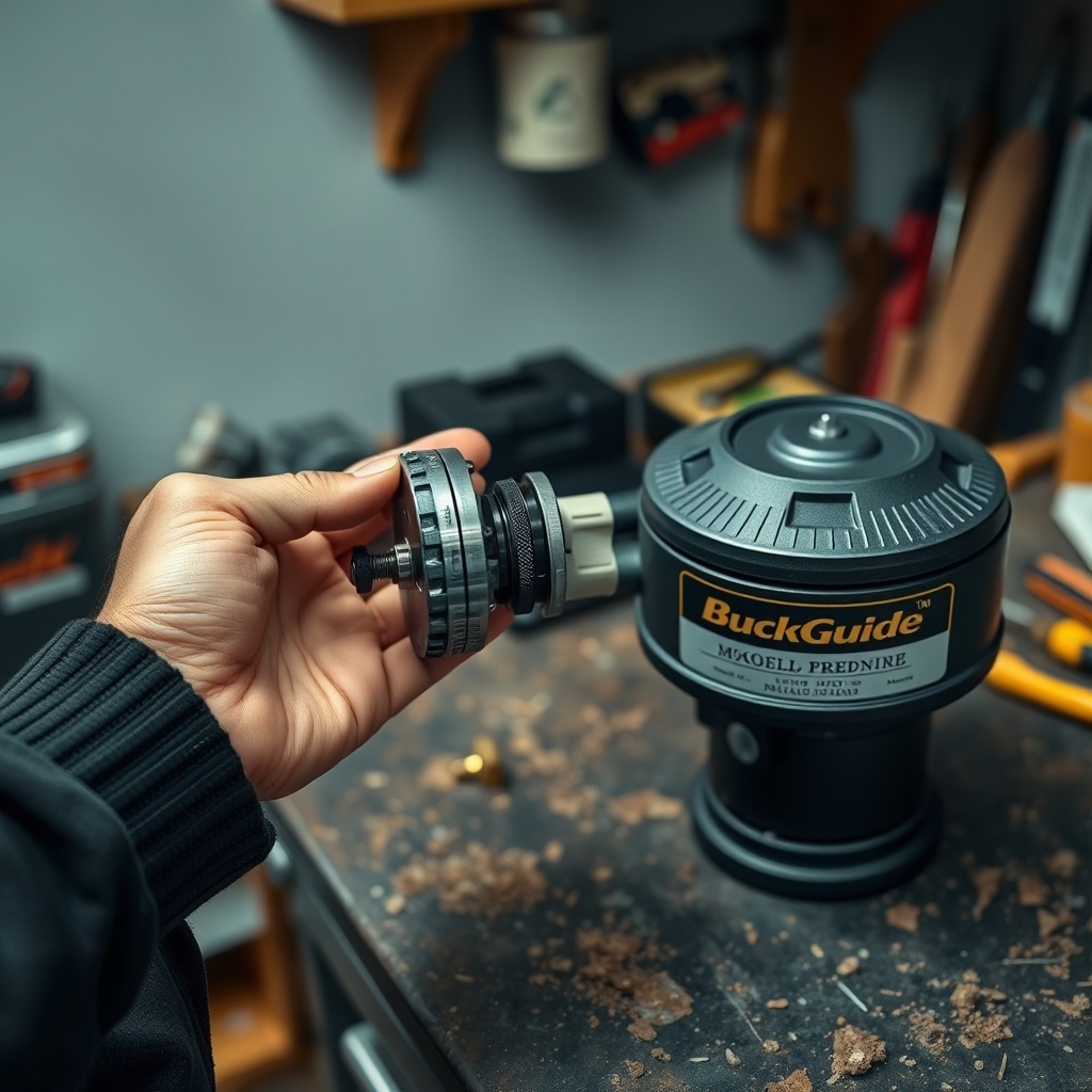 <clean photorealistic photo of a person holding a removed spin-cast mechanism next to a Bu