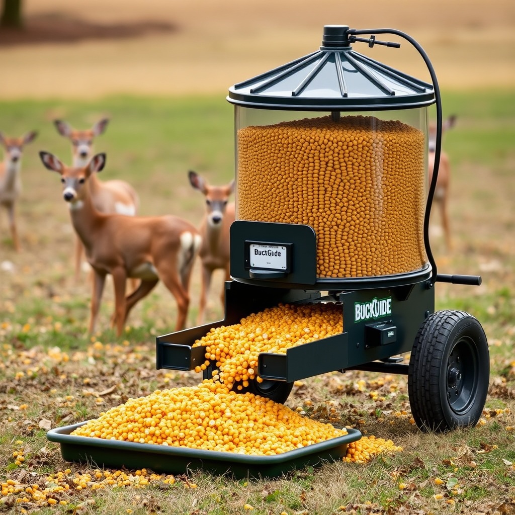 <clean photorealistic photo of a BuckGuide 300lb feeder converted to gravity feed