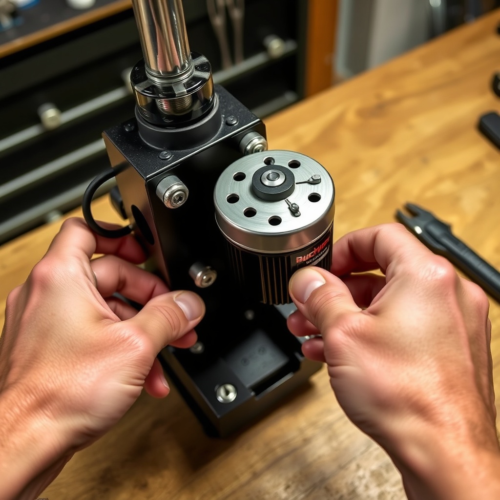 <clean photorealistic photo of a pair of hands installing a new motor into the BuckGuide 3