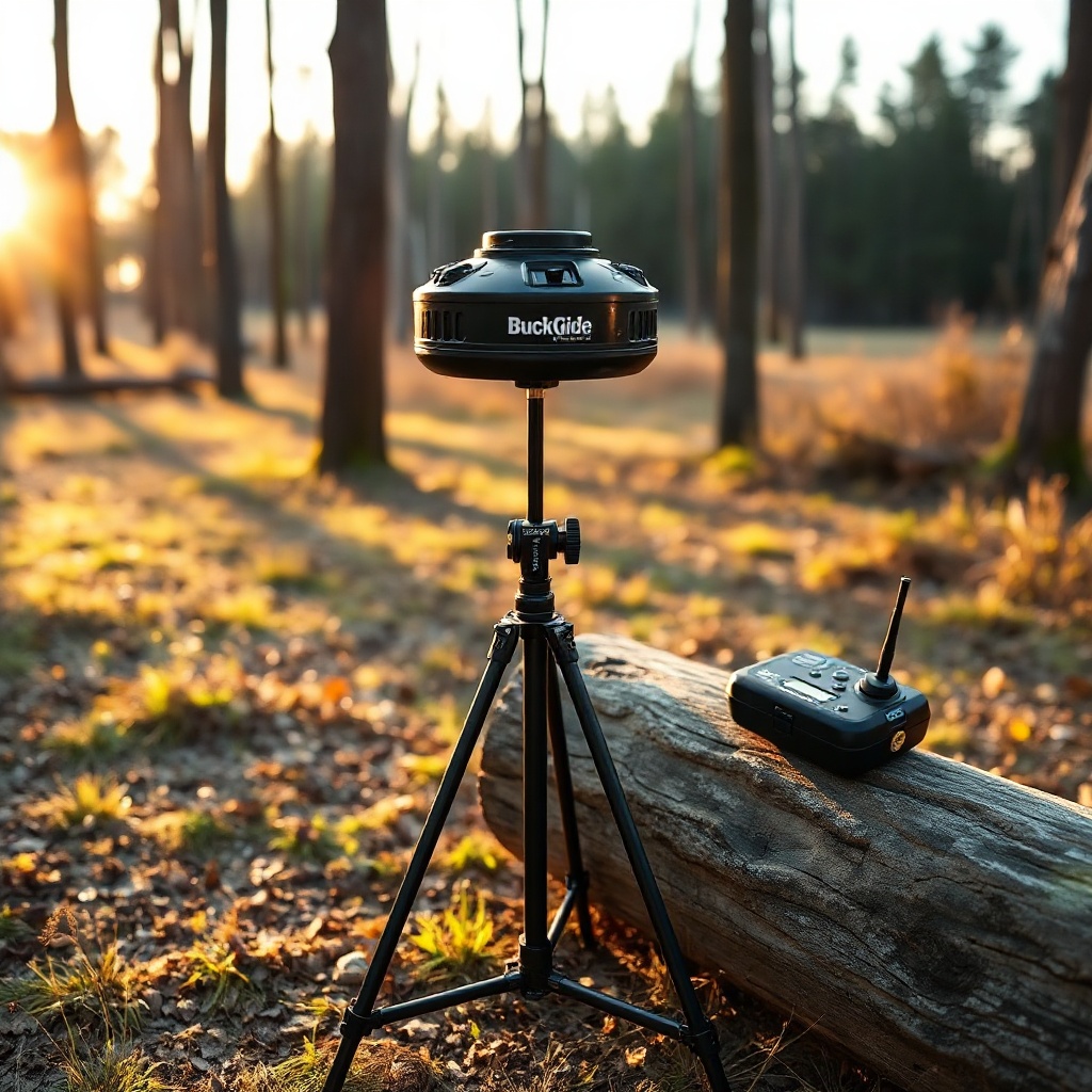 A photorealistic photo of a BuckGuide 300lb Spin-Cast Feeder mounted on a metal tripod in