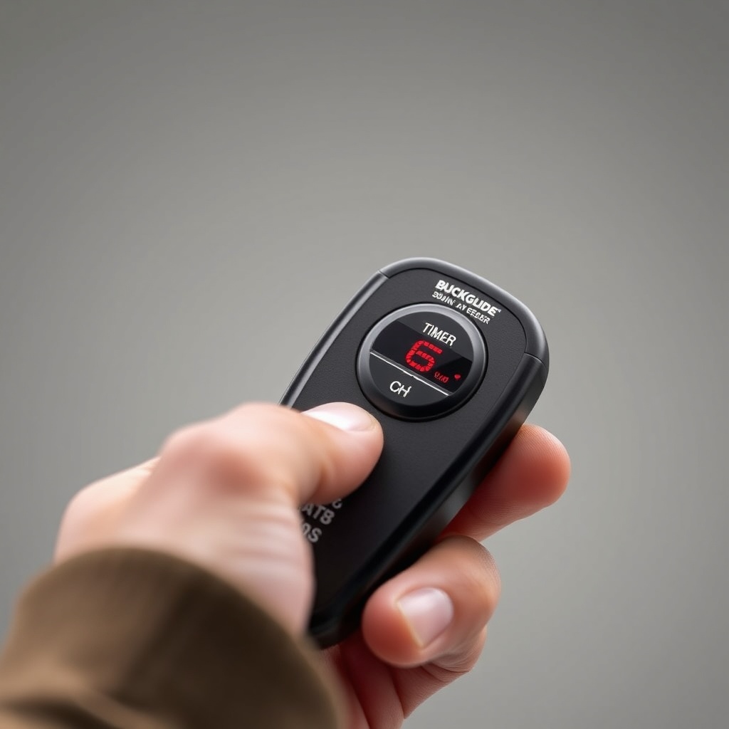 A photorealistic close-up photo of a hand holding a remote control for the BuckGuide 300lb