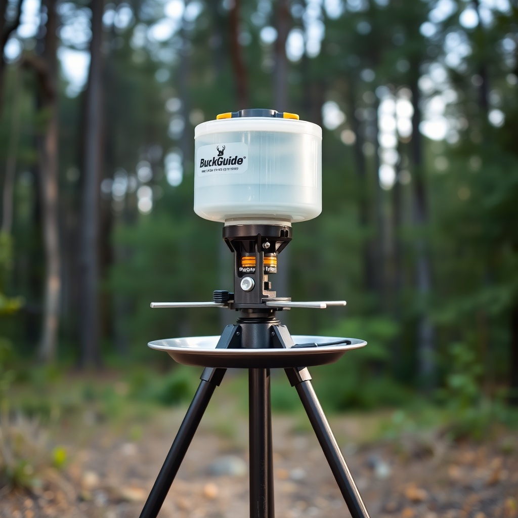 A photorealistic image of a BuckGuide 300lb Spin-Cast Feeder mounted on its tripod in a fo