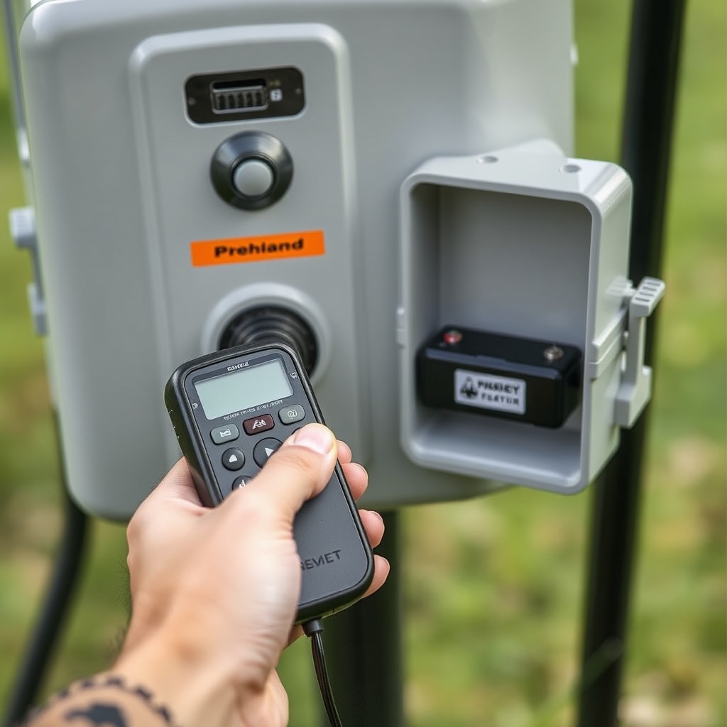 <clean photorealistic photo/illustration of a BuckGuide 300lb Spin-Cast Feeder remote cont