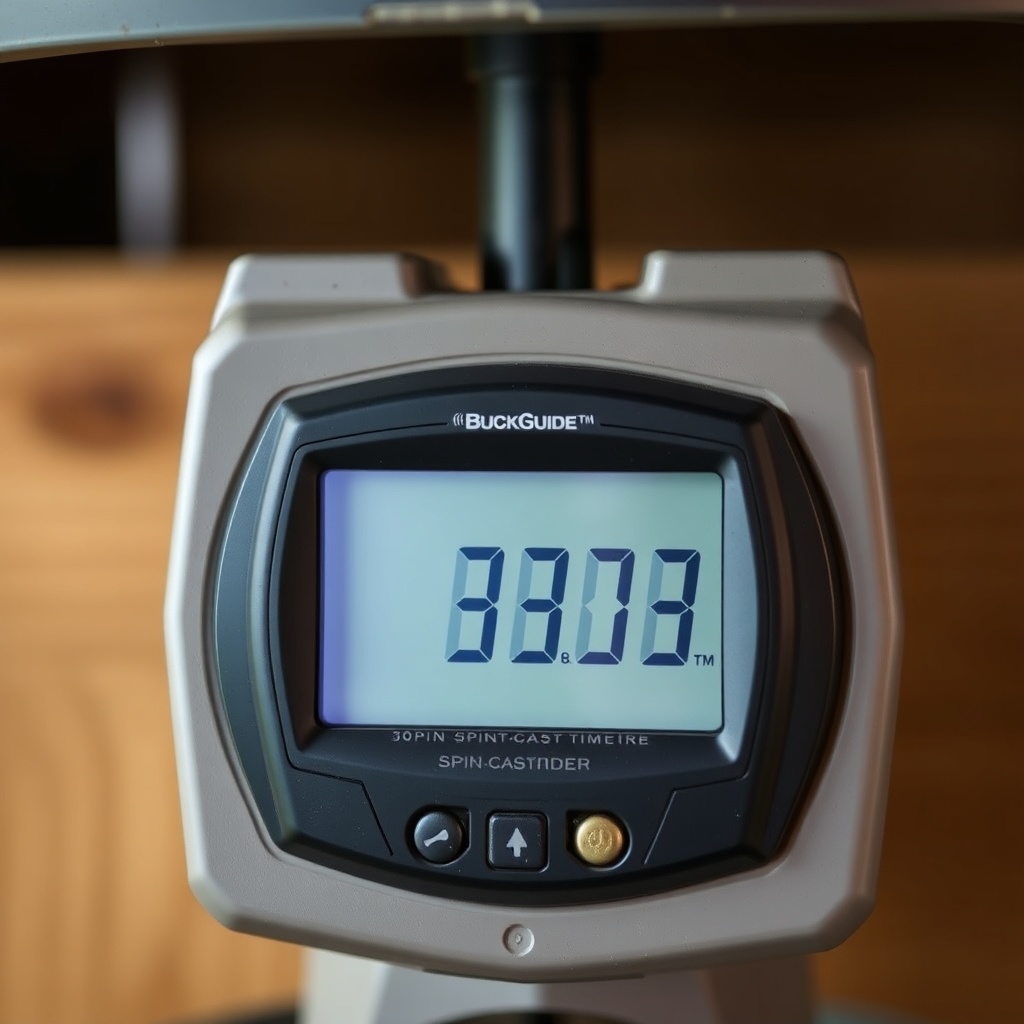 A photorealistic close-up of a BuckGuide 300lb Spin-Cast Feeder timer showing a blank LCD