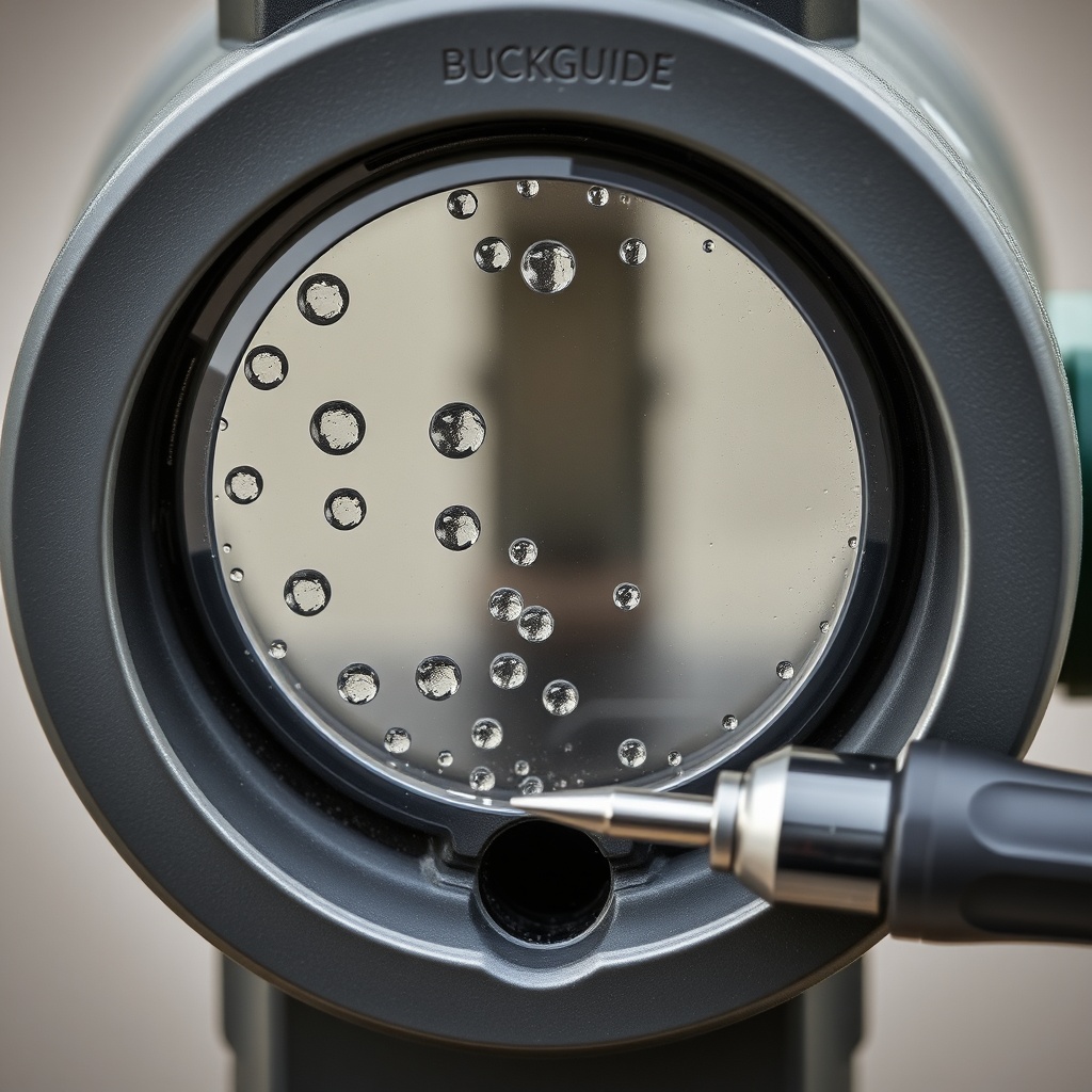 A photorealistic photo of a BuckGuide 300lb Spin-Cast Feeder timer casing with condensatio
