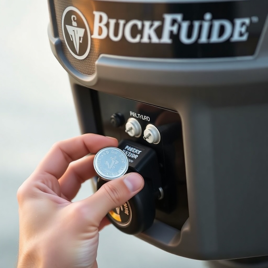 A clean photorealistic close-up of a BuckGuide 300lb Spin-Cast Feeder control panel with a