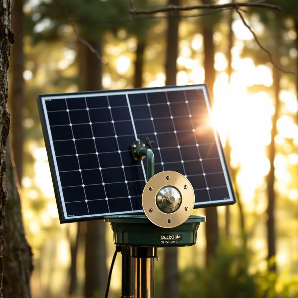 A clean photorealistic photo of a BuckGuide 300lb Spin-Cast Feeder installed in a wooded a
