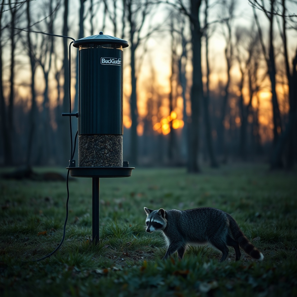 A photorealistic photo of a BuckGuide 300lb Spin-Cast Feeder standing in a woodland cleari