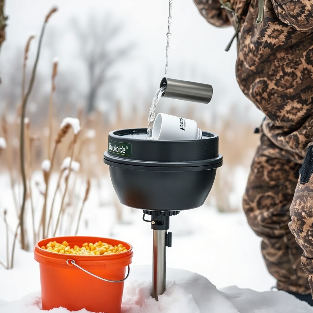 <clean photorealistic photo/illustration showing a hunter pouring warm water into the feed