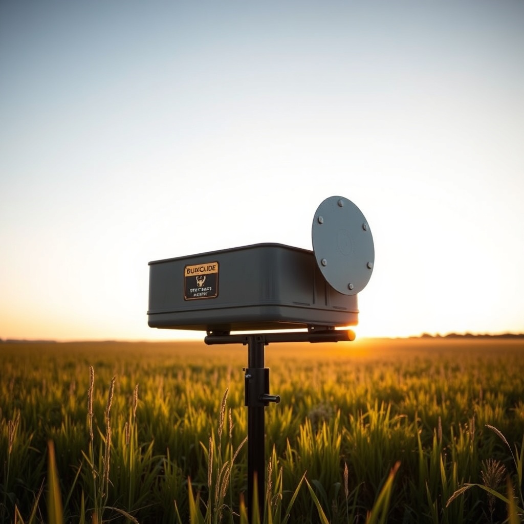 A clean photorealistic photo of a BuckGuide 300lb Spin-Cast Feeder mounted on a steel T-po