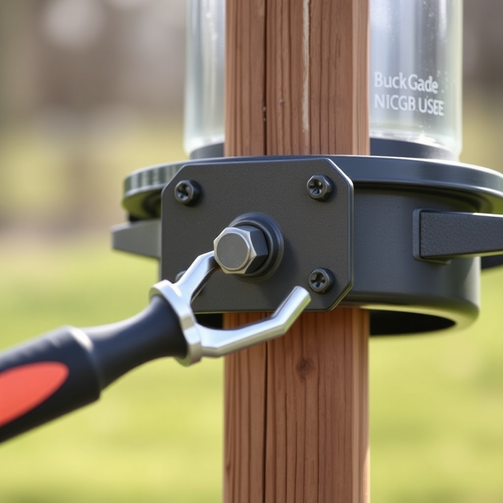 A clean photorealistic close-up photo of the BuckGuide 300lb Spin-Cast Feeder bracket bein