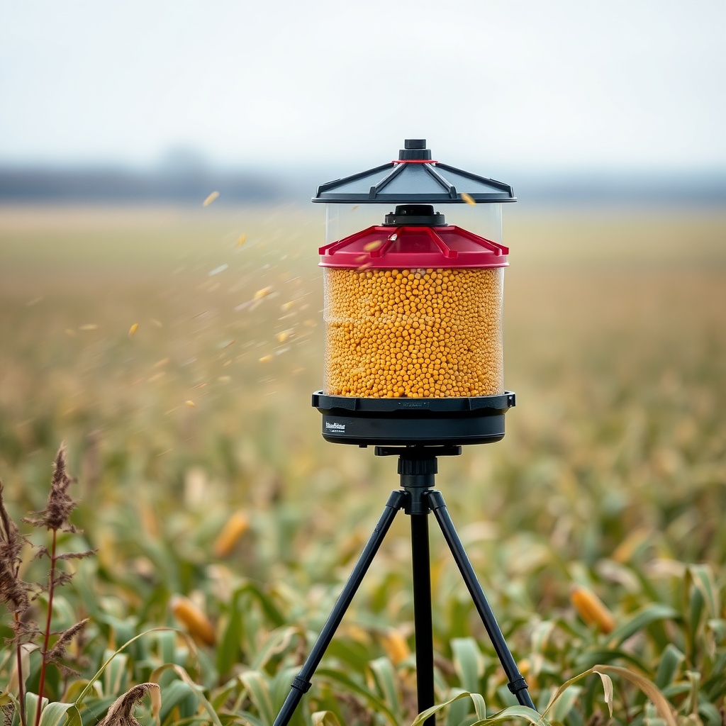 A photorealistic image of a BuckGuide 300lb Spin-Cast Feeder mounted on a sturdy tripod in