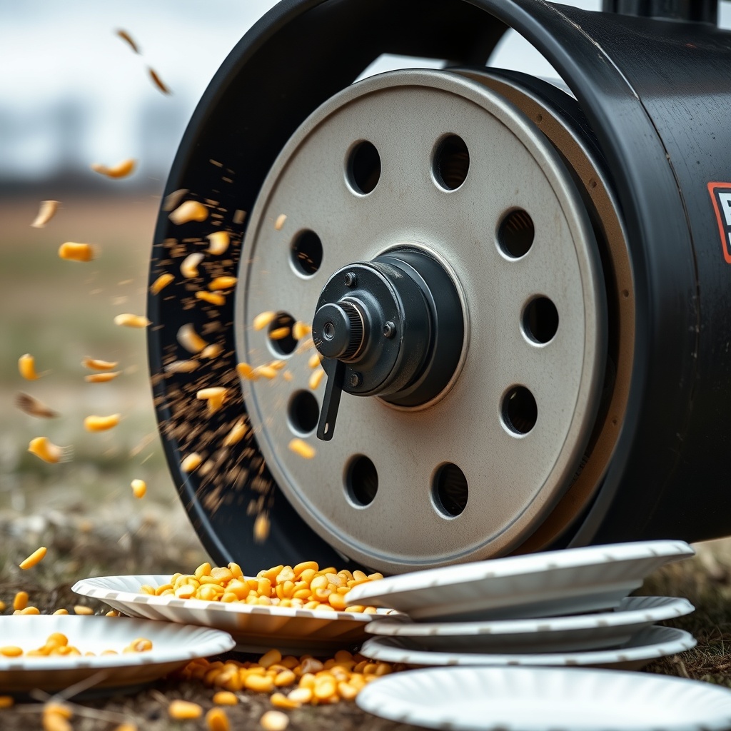 A photorealistic close-up of a BuckGuide 300lb Spin-Cast Feeder’s spinner plate during ope