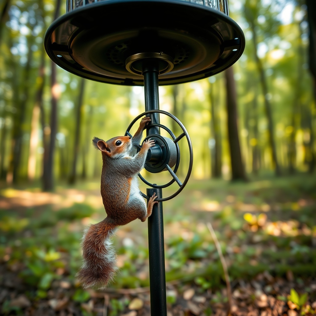 A close-up photorealistic photo of a BuckGuide 300lb Spin-Cast Feeder with a squirrel clin