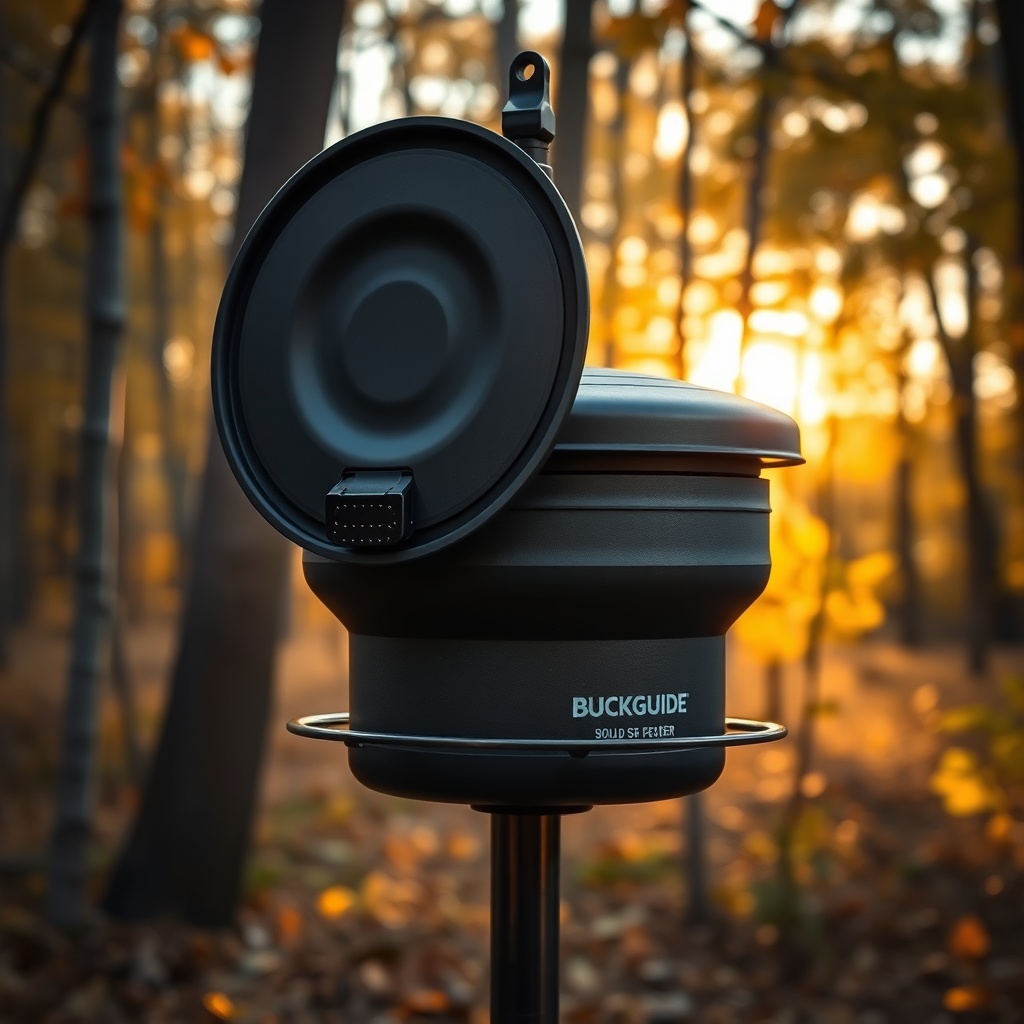 A photorealistic photo of a BuckGuide 300lb Spin-Cast Feeder with a modified lid showing a