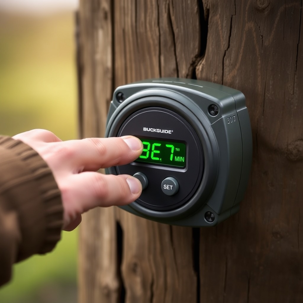Close-up photorealistic photo of a BuckGuide 300lb Spin-Cast Feeder timer panel with a han