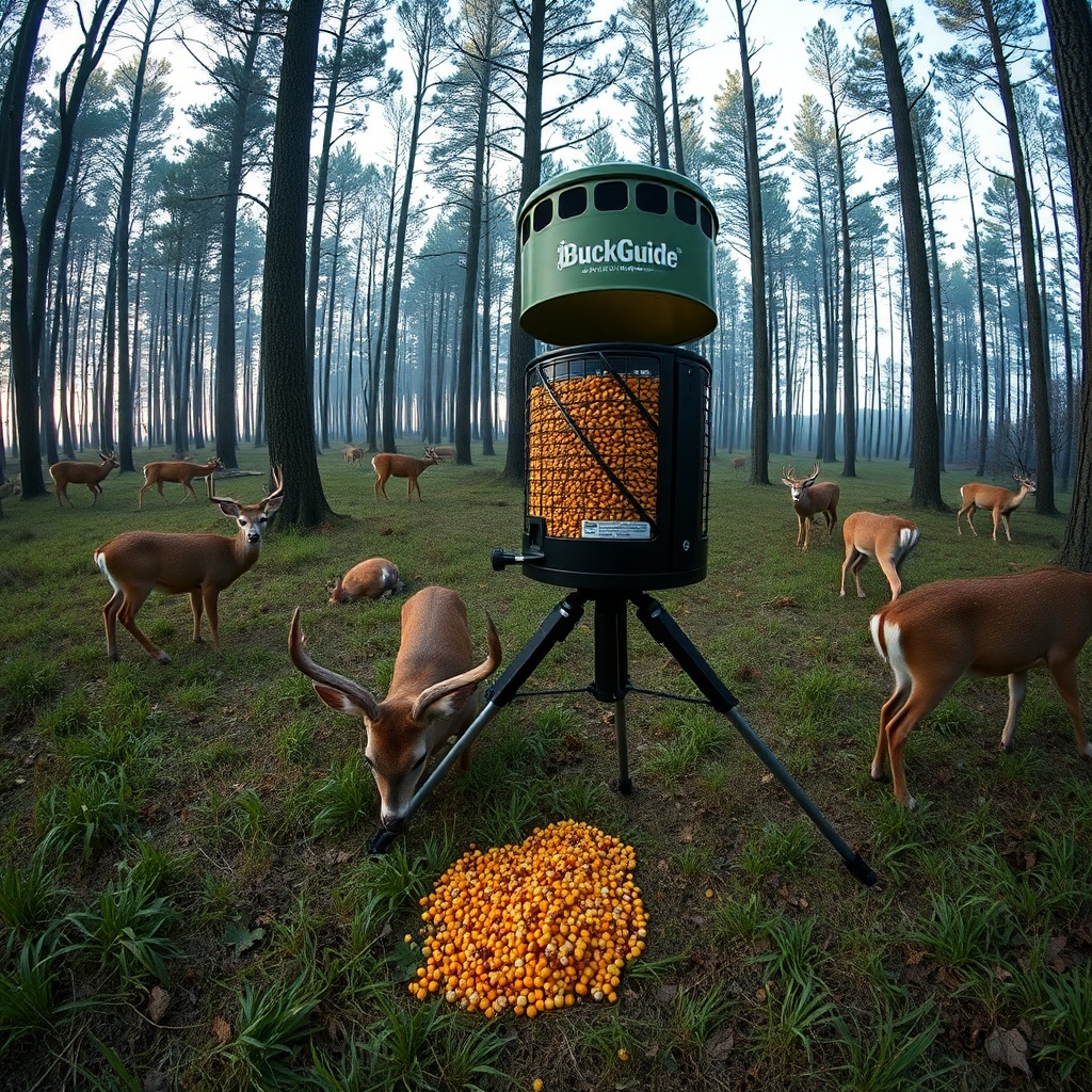 Photorealistic wide angle shot of a BuckGuide 300lb Spin-Cast Feeder mounted on a tripod i