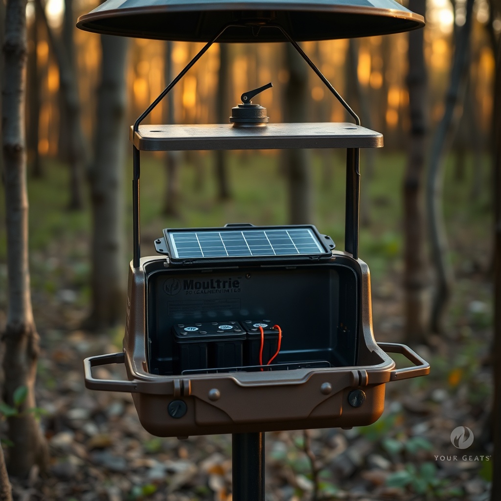 <clean photorealistic photo of a Moultrie 30-Gallon Pro Hunter feeder in a wooded area