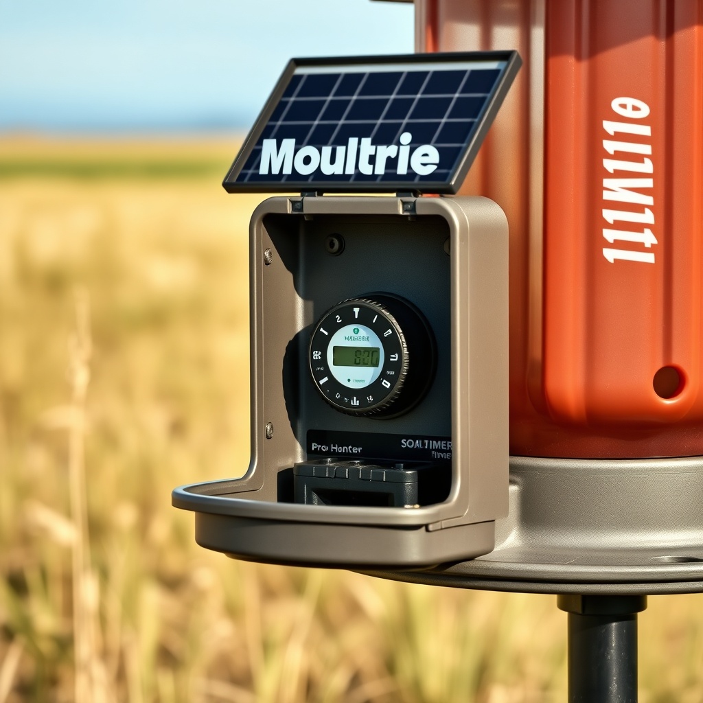 <clean photorealistic photo of a Moultrie 30-Gallon Pro Hunter feeder in a field