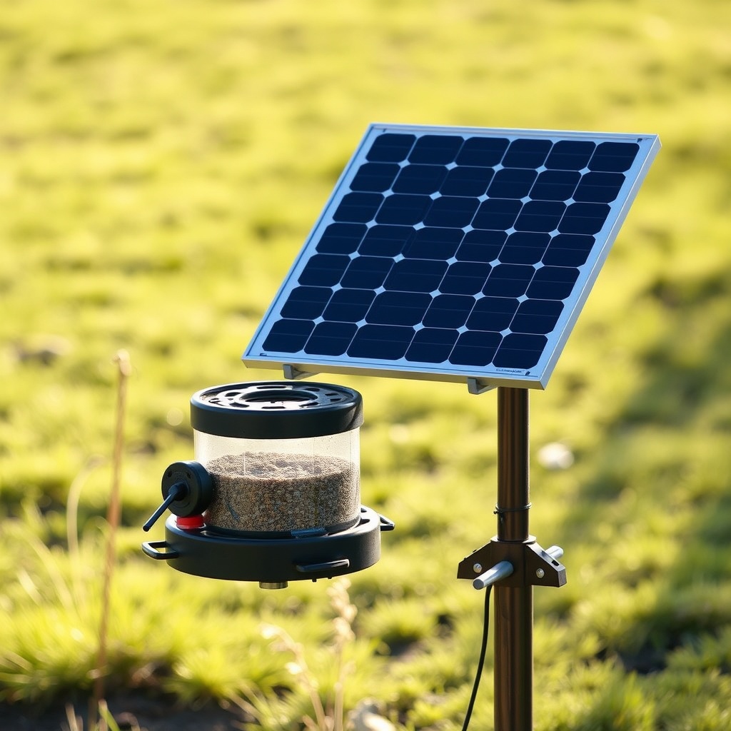 <clean photorealistic photo of a BuckGuide 300lb Spin-Cast Feeder with a 15-watt solar pan