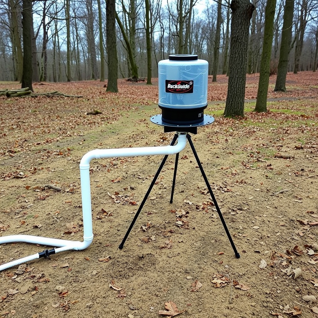 A photorealistic photo of a BuckGuide 300lb Spin-Cast Feeder converted to a gravity feed s