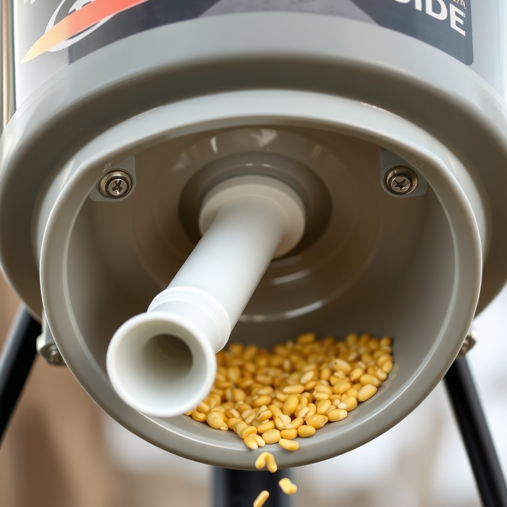 A photorealistic close-up of a BuckGuide 300lb Spin-Cast Feeder’s underside showing the co