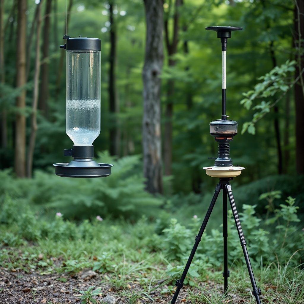 A clean photorealistic photo showing a gravity feeder mounted on a wooden post beside a sp