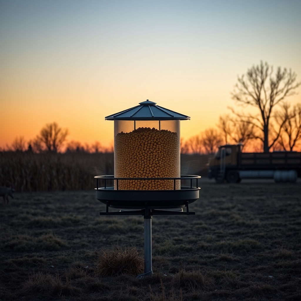 A clean photorealistic photo of a spin-cast feeder in operation at dusk