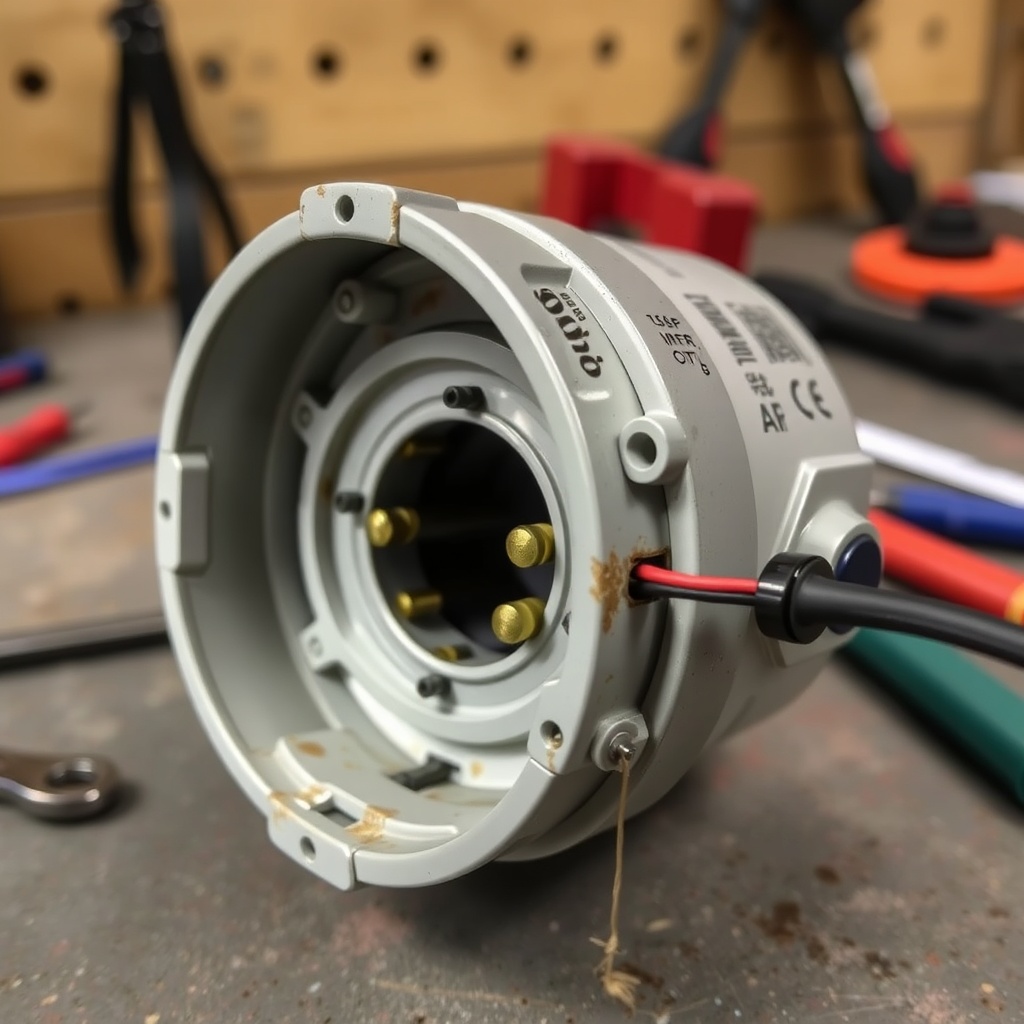 Close-up of a BuckGuide 300lb Spin-Cast Feeder motor housing opened with corrosion visible