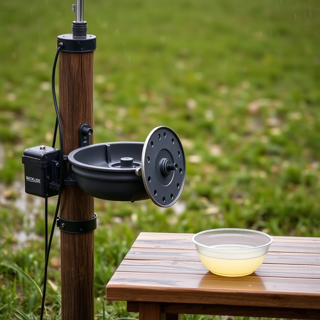 Wide view of a BuckGuide 300lb Spin-Cast Feeder mounted on a T-post in a field after rain