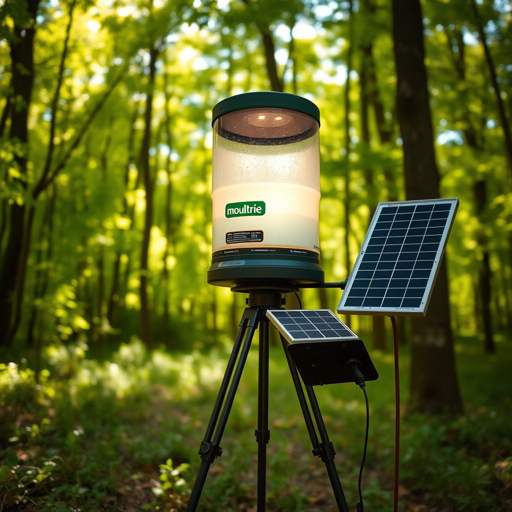 A photorealistic wide-angle shot of a Moultrie 30-Gallon Pro Hunter feeder mounted on a tr