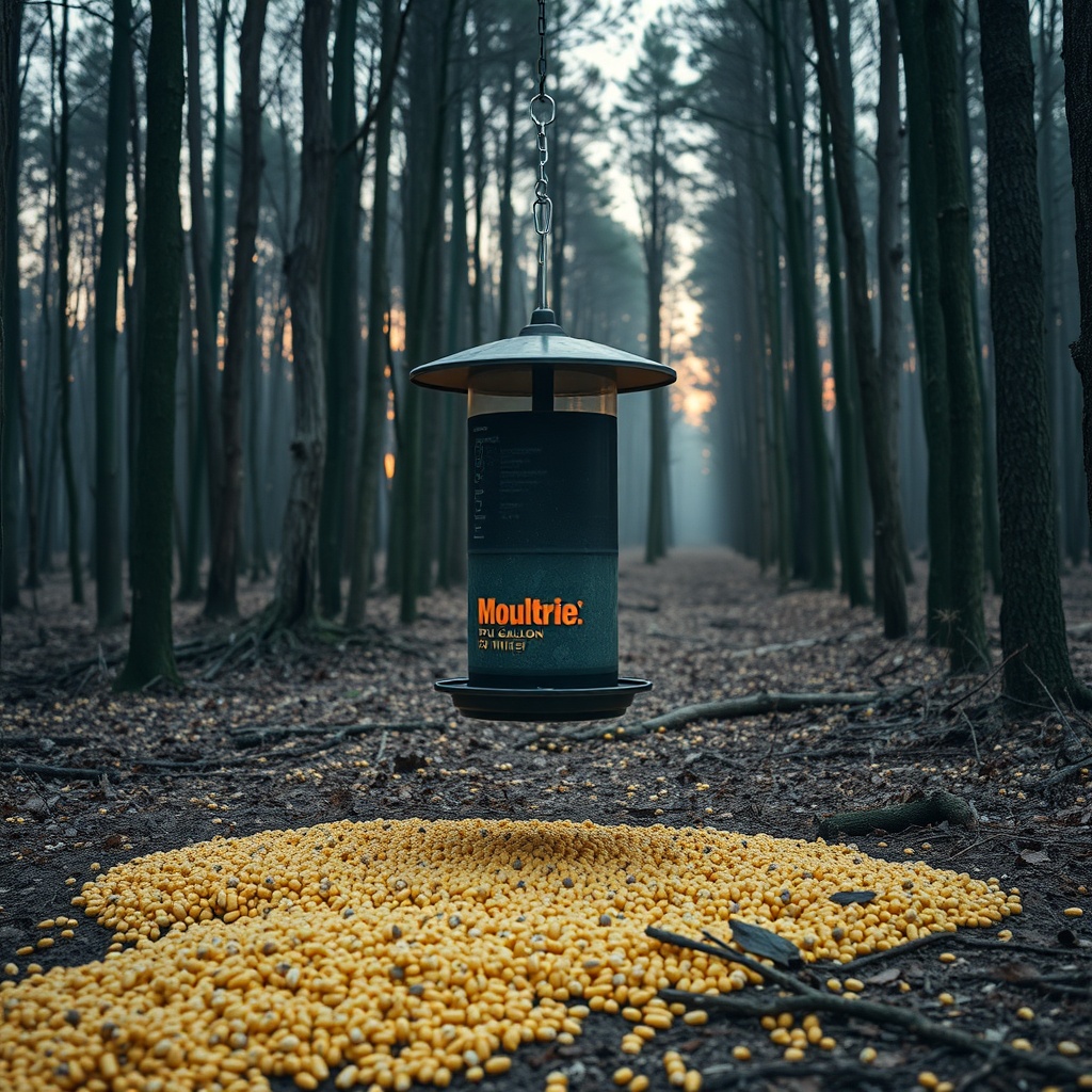 A photorealistic wide shot of a Moultrie 30-Gallon Pro Hunter feeder in a secluded hardwoo