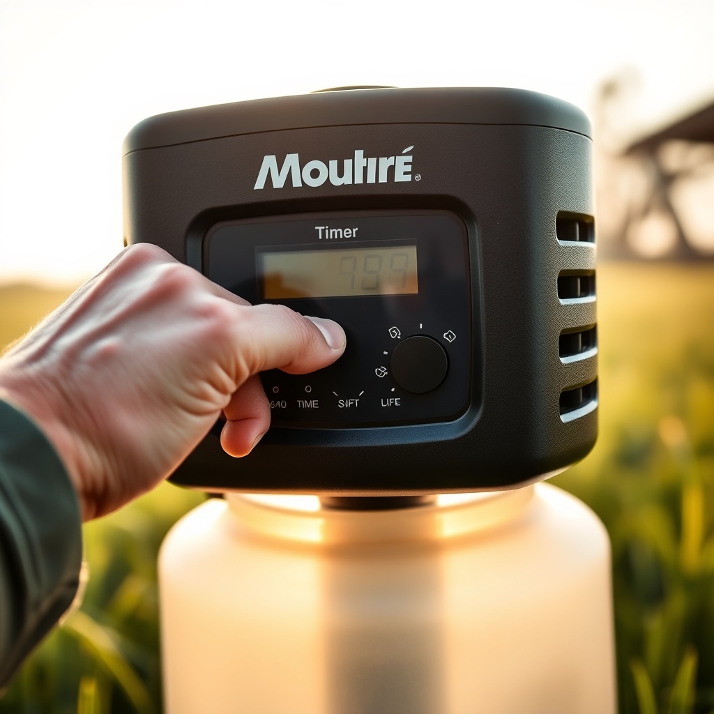 A photorealistic close-up of a user's hand adjusting the timer buttons on a Moultrie 30-Ga
