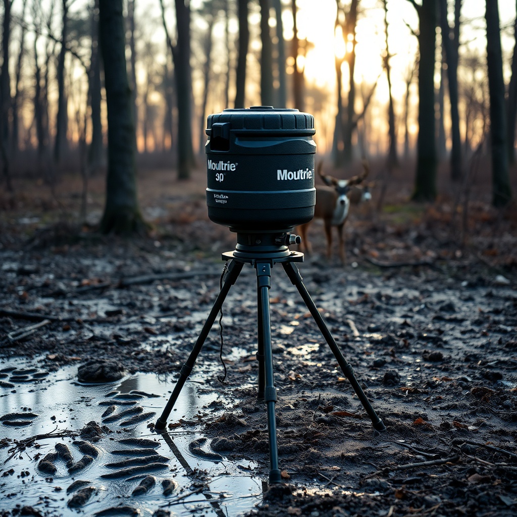 A photorealistic shot of the Moultrie 30-Gallon Pro Hunter gravity feeder sitting on a sta