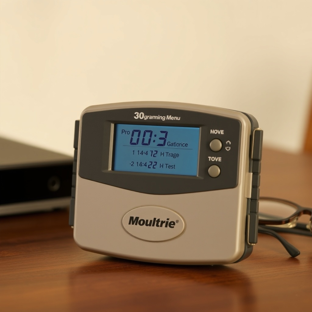 A photorealistic close-up of a Moultrie 30-Gallon Pro Hunter timer board with the LCD scre